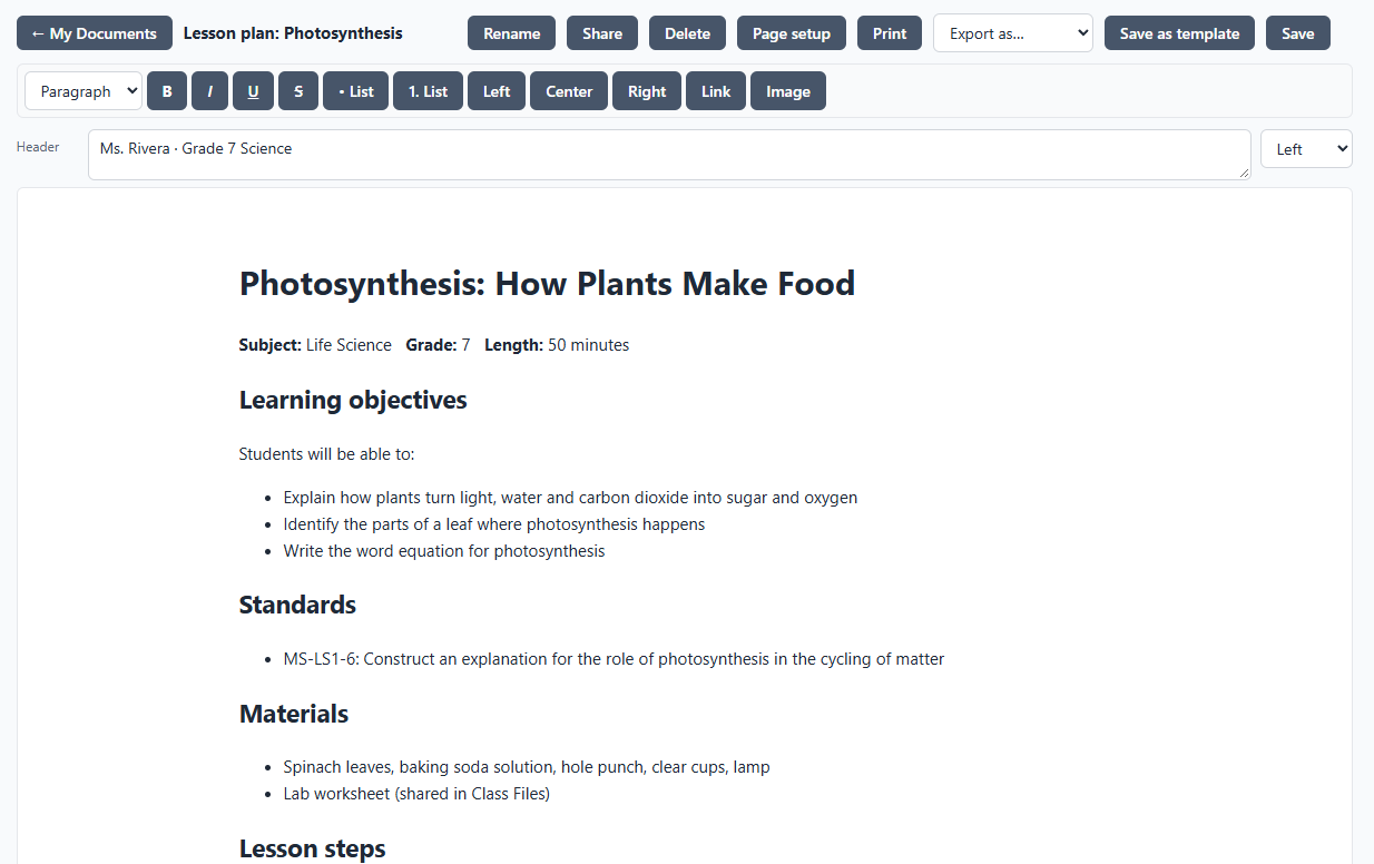 A grade 7 lesson plan open in the Documents editor
