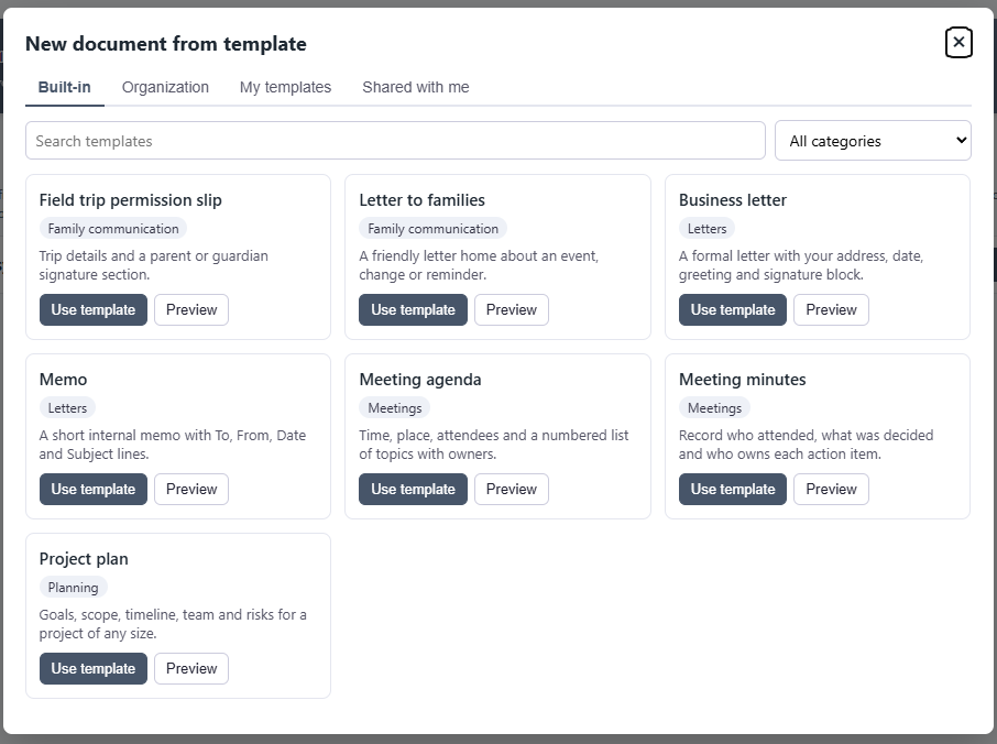 The template gallery showing built-in document templates