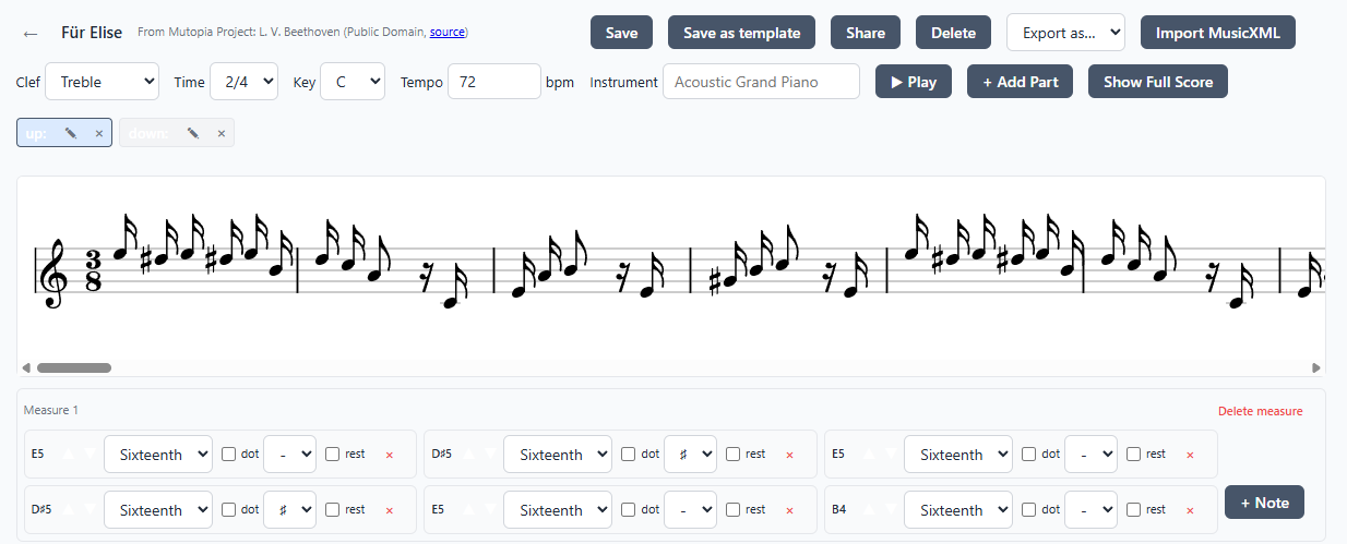 Beethoven's Für Elise open in the music notation editor